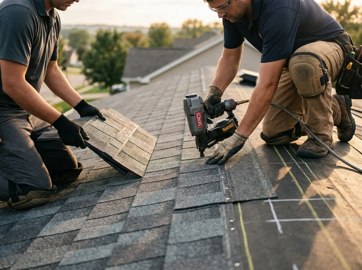 Professional roofer working on a residential roof in DeBary